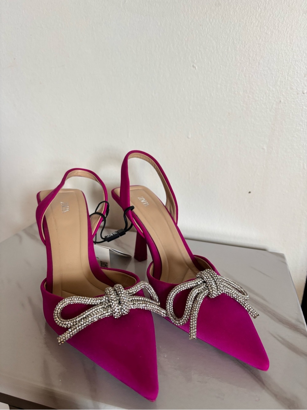 Zara Pink Fuchsia Slingback Pointed Heels with Crystal Bow